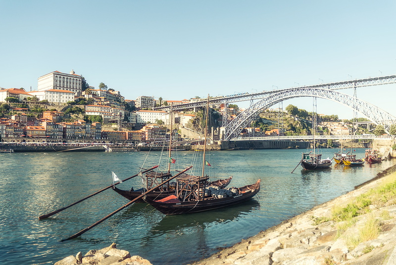 bridge, porto, city, brown, building exterior, portugal, architecture, transportation, nautical vessel, ribeira, cityscape, clear sky, historic city, waterfront
