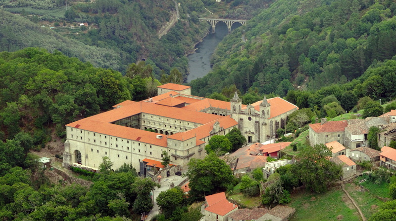scenics - nature, plant, high angle view, growth, townscape, nature, parador, mountain, monastery, city, ourense, day, river, house, building exterior