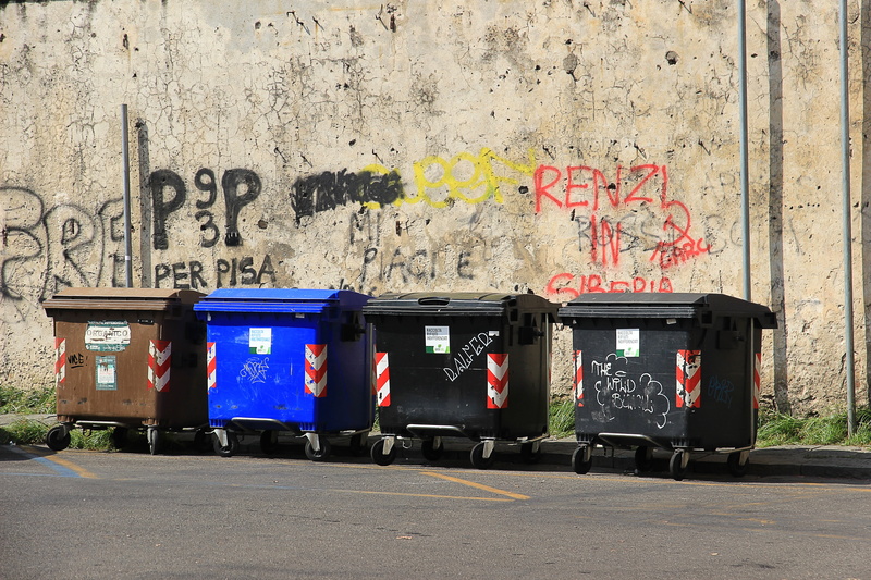 architecture, building exterior, communication, four, wall - building feature, text, recycling, garbage, outdoors, road, container, no people, western script