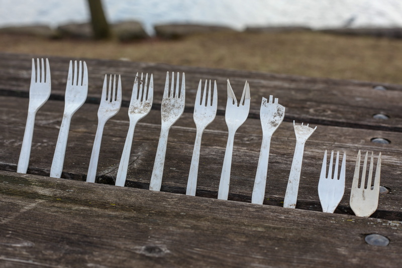 forks, reuse, eating utensil, plastics, table, environment, recycle, drinking glass, ecology, white color, glass, no people, group of objects, pollution