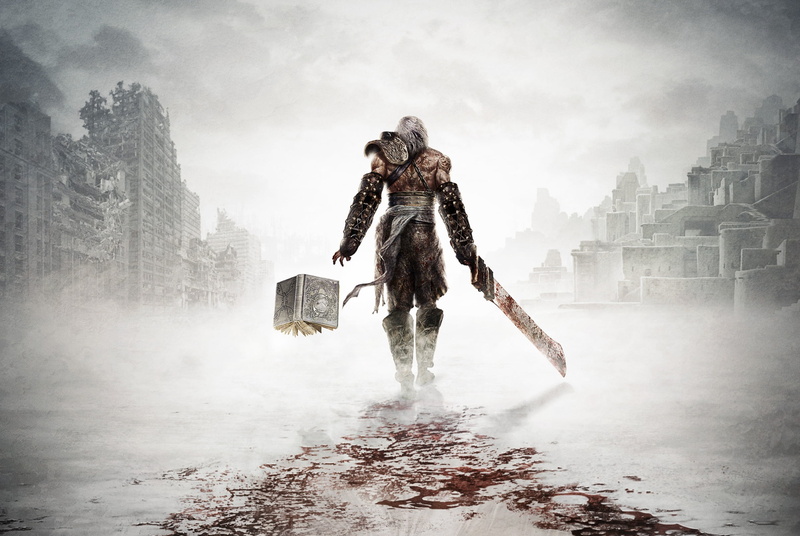 Nier, day, man, character, leisure activity, built structure, winter, blood, holding, 1080P, warm clothing, weapons, outdoors, smoke - physical structure