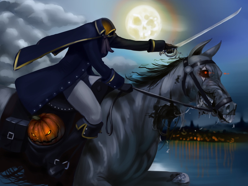  dead, riding, sky, 4K, art and craft, rider, pumpkin, the moon, sea, holding, head, man, water, human representation, outdoors, sword, representation
