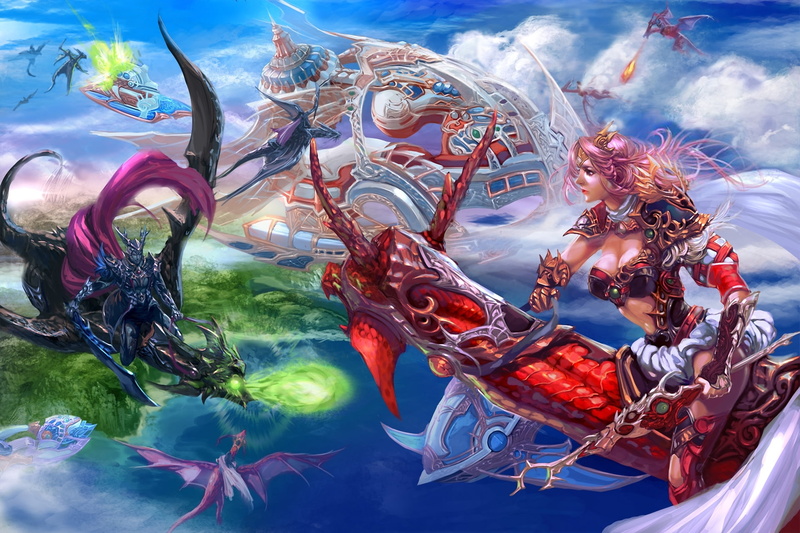 art, game, girl, xiaobotong, dragon, magic, man, battle, transport, woman, weapons, 1080P, dragons, male, in the sky, riding