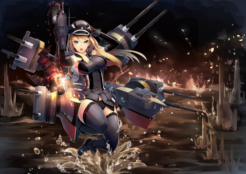 Gun, Anime, Dress, 1080P, Weapon, Blue Eyes, Glove, Bismarck (Kancolle), Thigh Highs, Long Hair, Girl, Kantai Collection, Hat, Blush, Blonde, Water
