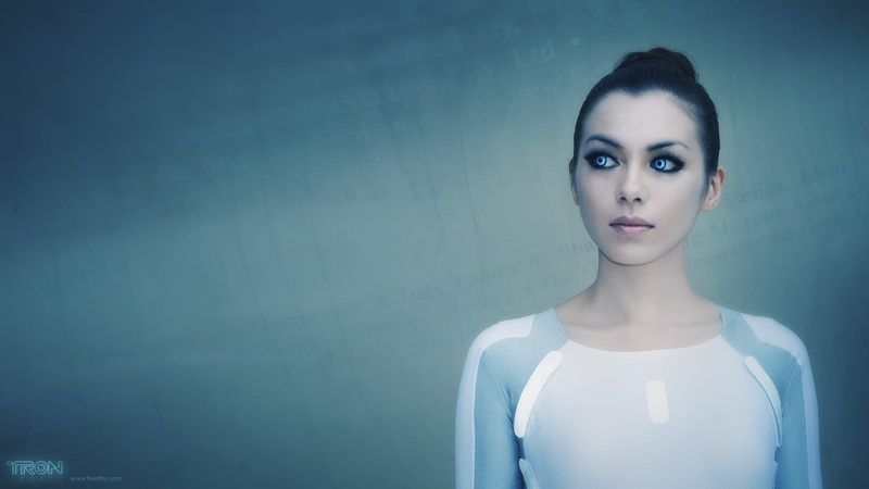 indoors, 1080P, beautiful woman, blue background, digital composite, headshot, blue, adult, science fiction, hairstyle, portrait, contemplation, Tron: Legacy