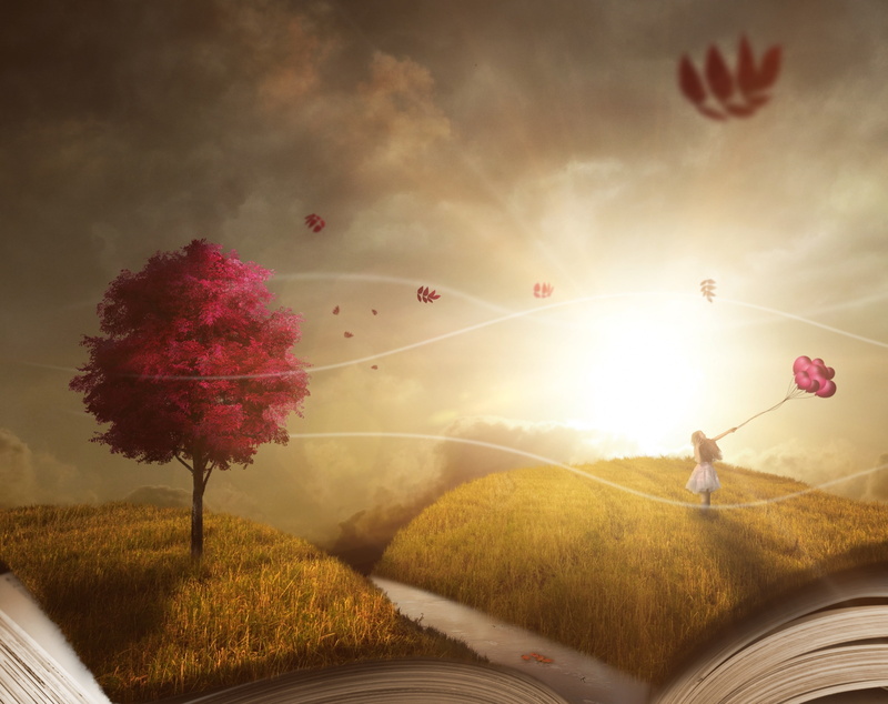 sun, beauty in nature, Tree, rear view, sunlight, lens flare, cloud - sky, Aero, red, photomanipulation, field, Creative, Girl, Wind, flying, real people