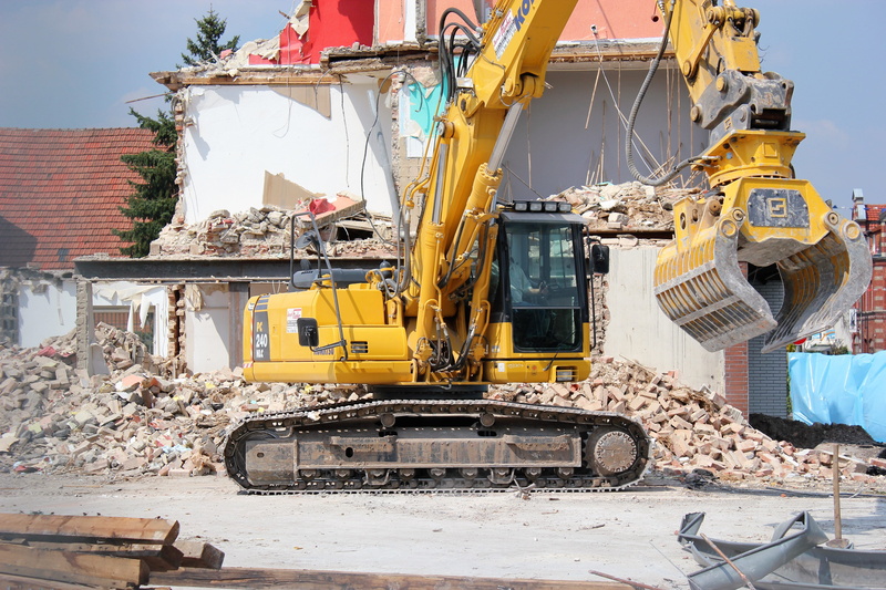 construction equipment, transportation, crane - construction machinery, crash, house demolition, city, industry, road, Excavators, bulldozer, day, demolished