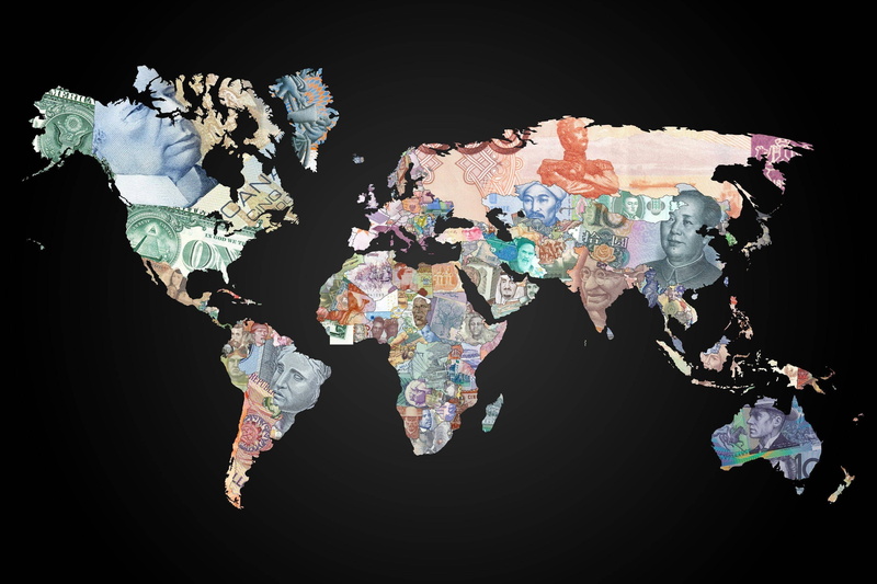 map, space, business, studio shot, globe - man made object, indoors, no people, map world money dollars euros, working, multi colored, paper, direction