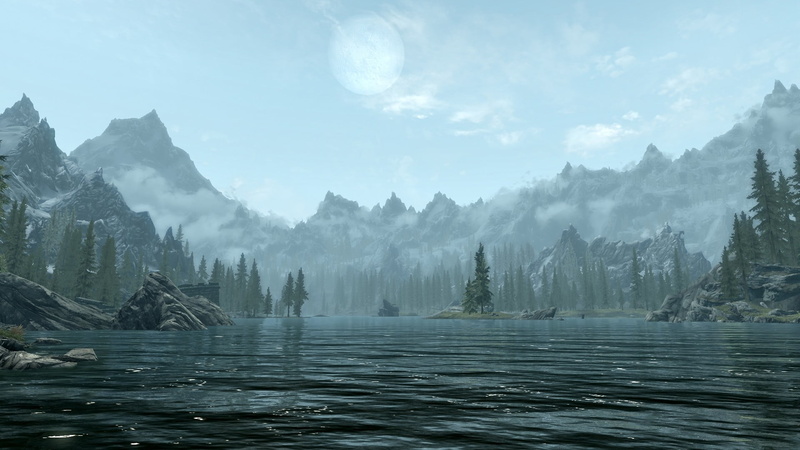 tranquility, illustration, sky, The Elder Scrolls V: Skyrim, fog, body, water, no people, 1080P, environment, day, tree, video games, tranquil scene, outdoors