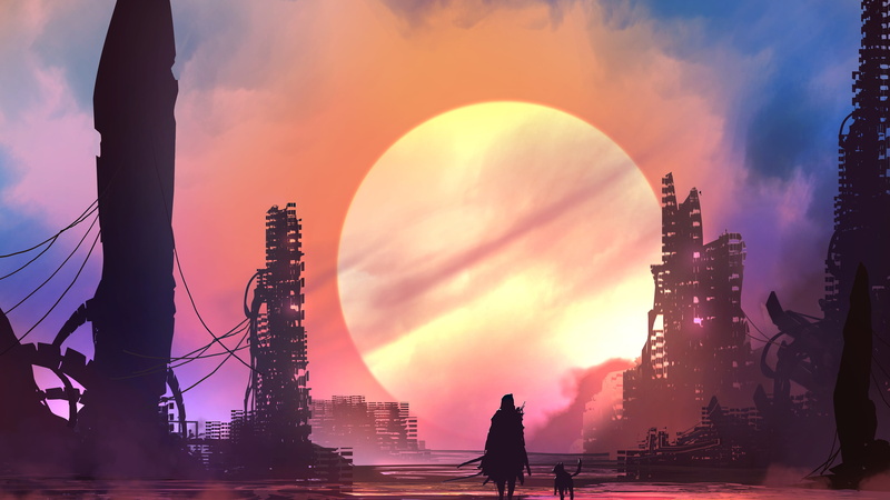 fantasy art, world, sun, dusk, apocalyptic, fantastic art, fantasy landscape, metropolis, end of the days, afterglow, sunset, energy, digital art, evening