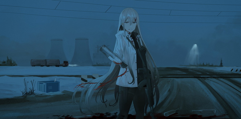 1080P, long hair, anime, weapon, nuclear power plant, road, dark, bottles, blonde, anime girls