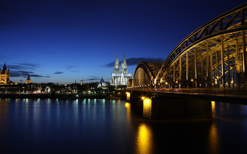 night, skyscraper, building exterior, Köln, place of worship, river, belief, Bridge, Germany, 2K, travel destinations, sky, no people, outdoors, office building exterior