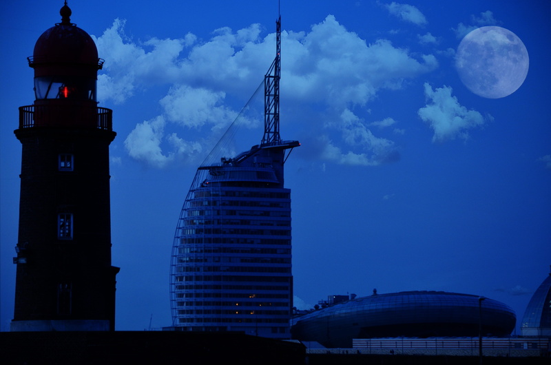 4K, tourism, office building exterior, on the river weser, tower, clock, night, bremerhaven, outdoors, built structure, dusk, building, city, no people