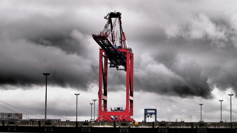 sky, crane, nature, industry, outdoors, day, mood, overcast, business, storm, east frisia, low angle view, coast, storm cloud, 4K, freight transportation