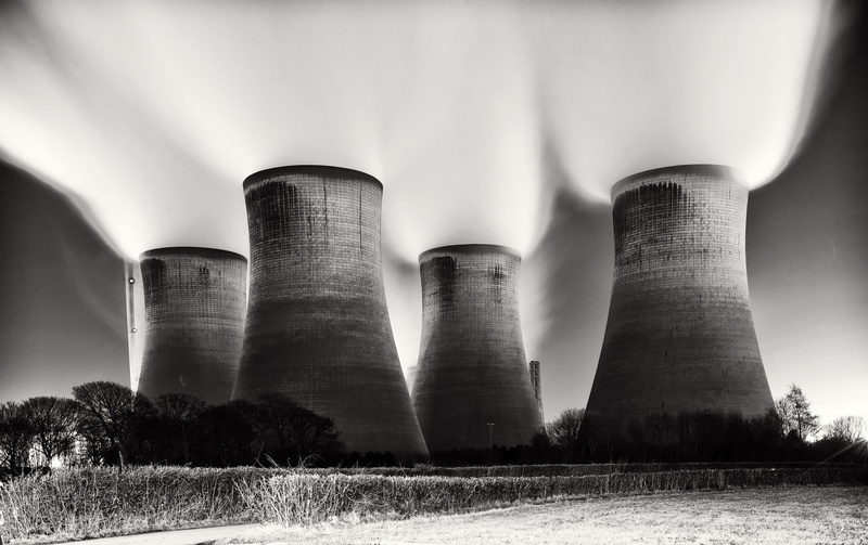 1080P, fuel and power generation, day, smoke stack, power plant, industrial, silo, factory, air pollution, monochrome, power station, building exterior