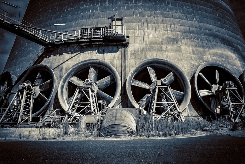 motors, blower, building exterior, heavy industry, old, building, obsolete, architecture, industry, cooler, blow, propeller, wheel, factory, fuel and power generation