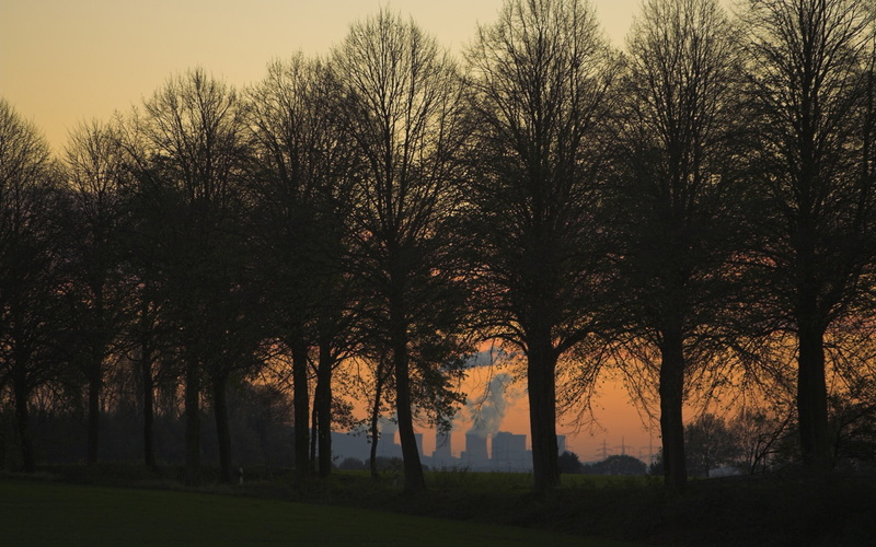 nature, trees, landscape, dusk, cooling towers, winter, 1080P