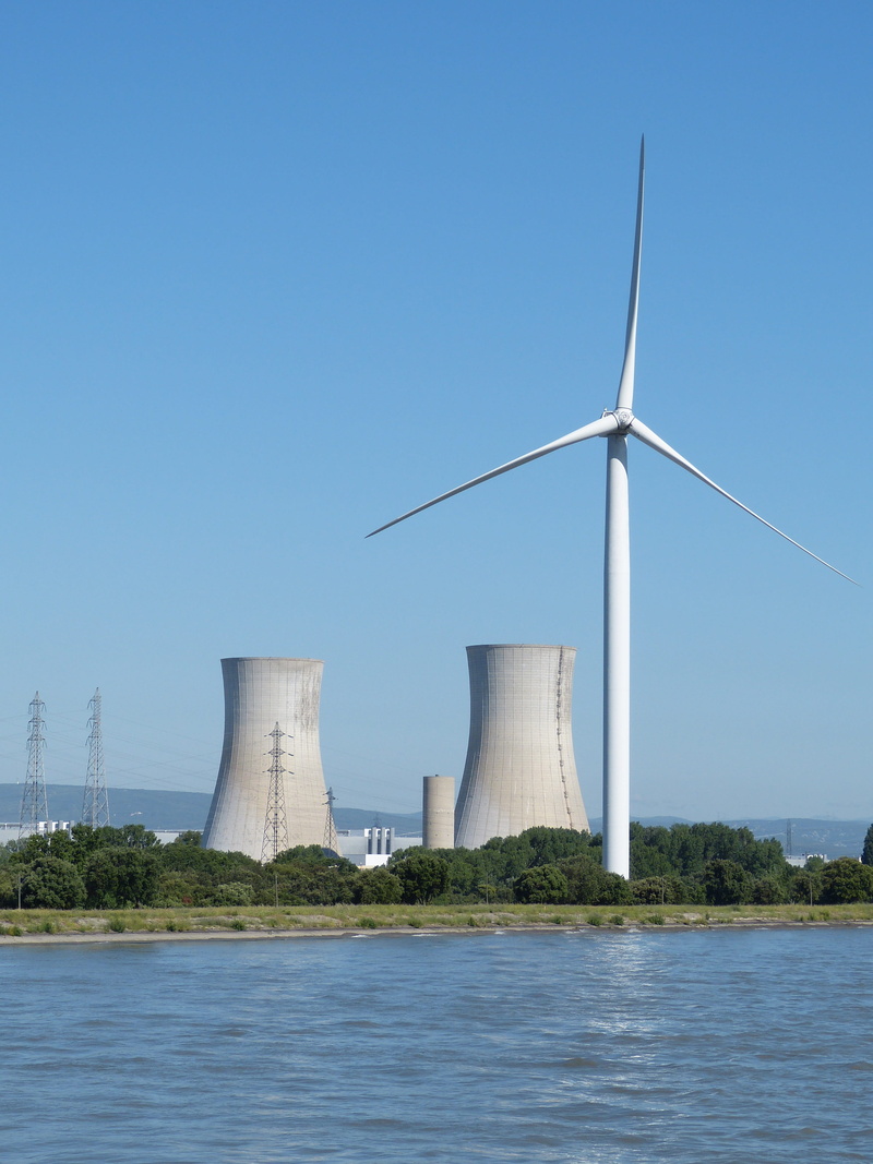 Rhône, wind turbine, nuclear energy, energy, river, environmental conservation, power supply, cooling tower, electricity, nature, power in nature, no people