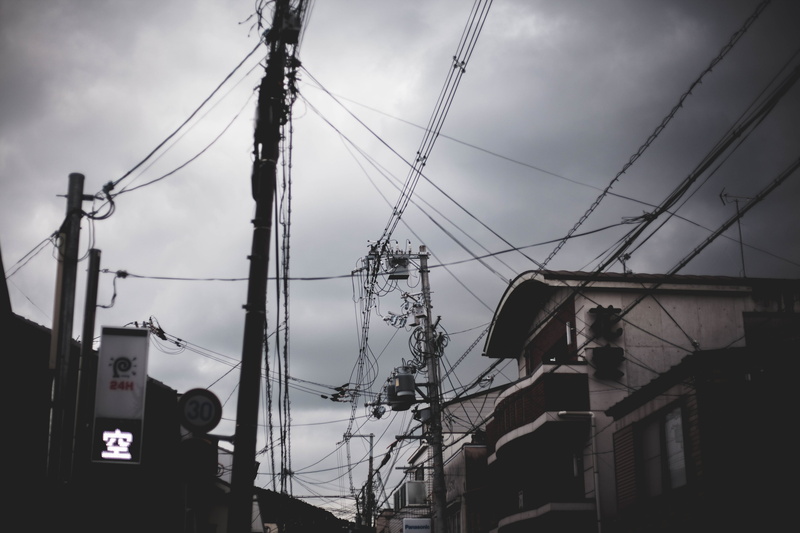 tower, electric cables, technology, dusk, cloud - sky, town, sky, white, utility pole, cable, day, kyoto, nature, road, electricity, wire, electric lines