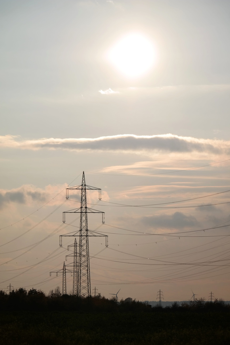 cable, fuel and power generation, field, nature, scenics - nature, Sun, power supply, Current, electricity pylon, pylon, technology, electrical equipment