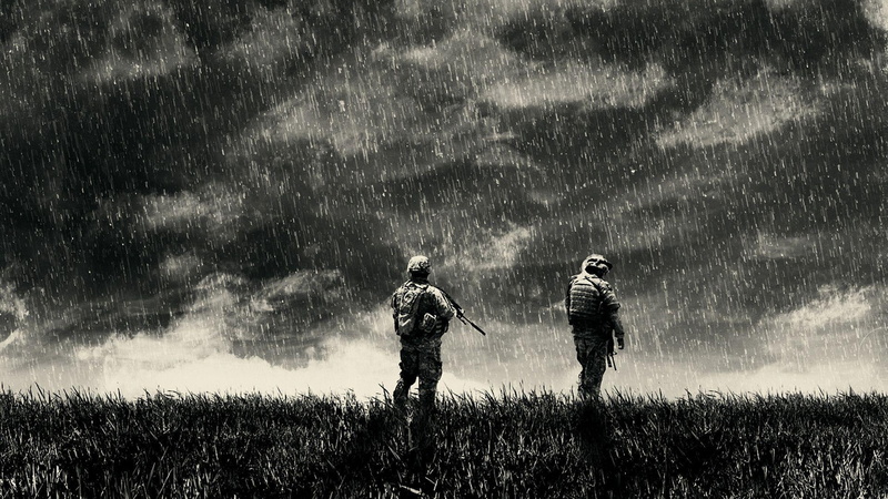 1920x1080, cloud, 1080P, soldiers, soldier, weapon, suit, two, rain, grass, overall, digital art