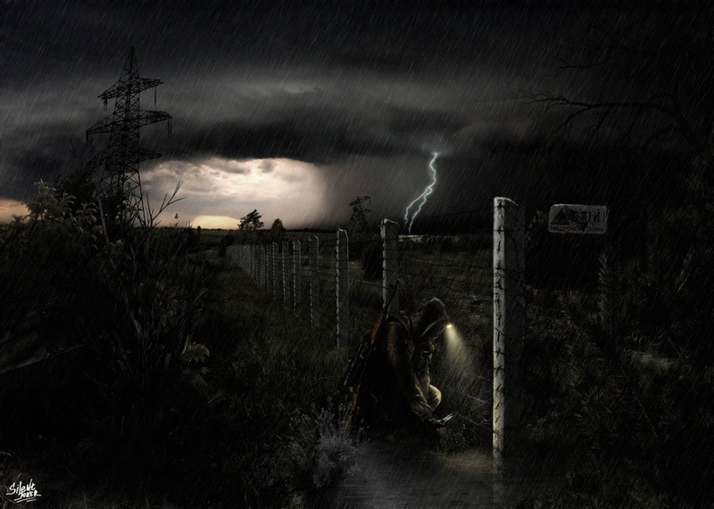 sci fi, 1080P, soldier, zone, night, chernobyl, stalker, rain, lightning, storm