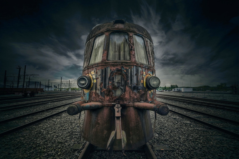 no people, transportation, vehicle, tool, locomotive, train, shunting yard, 1080P, outdoors, old, nature, black, rail transportation, track, land vehicle