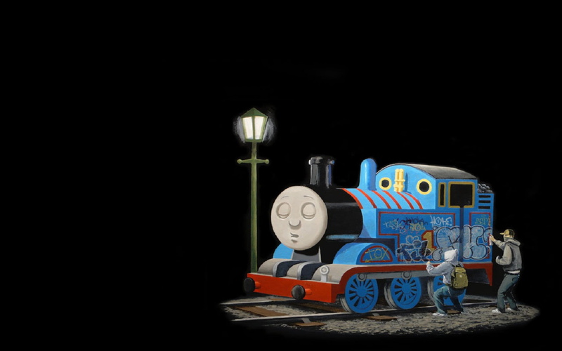 humor, indoors, architecture, communication, illuminated, dark, train, nature, group of objects, Thomas the Tank Engine, animal representation, electric lamp