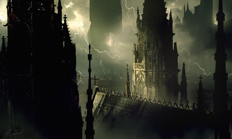 building exterior, Darek Zabrocki, night, artwork, sky, rain, beauty in nature, silhouette, power, power in nature, fantasy city, fantasy art, dark, water