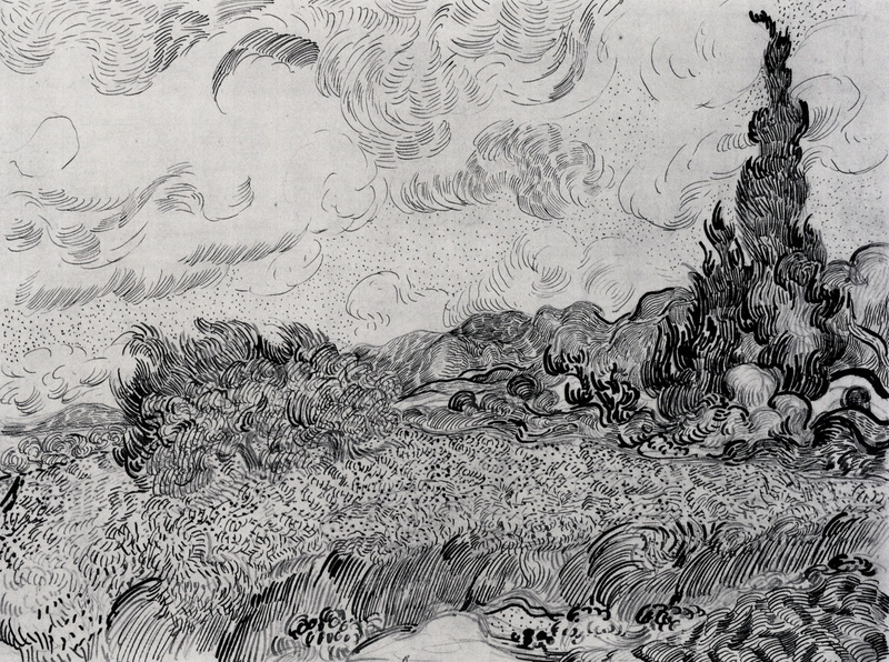 Wheat Field with Cypresses, Vincent van Gogh, black and white, 2K