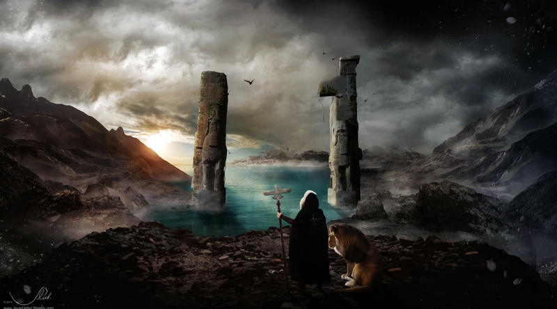 ii, lion, solid, looking at view, persepolis, illustration, rock - object, sky, outdoors, water, entrans, nature, Artistic, beauty in nature, domestic animals