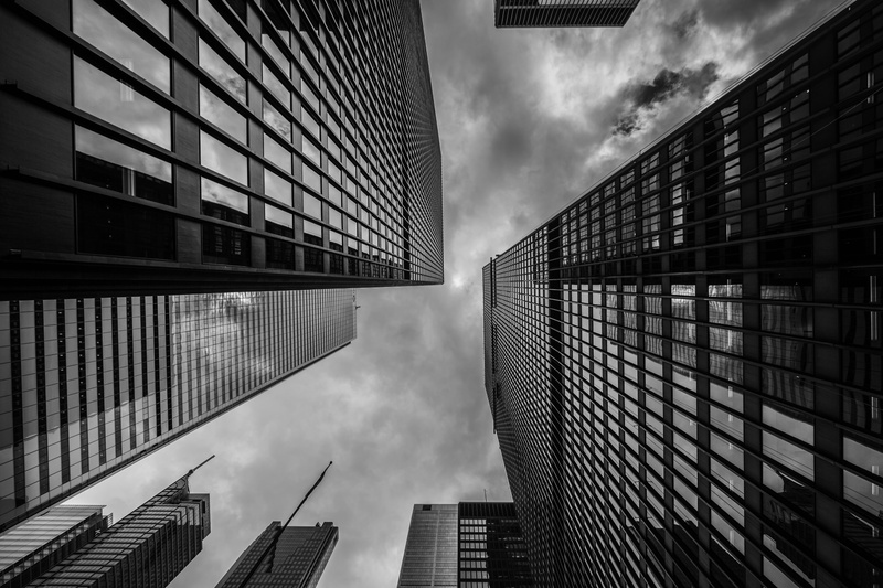 skyskraper, no people, day, photo, black and white, office, glass - material, office building exterior, low angle view, center, worm, building, cloud, business