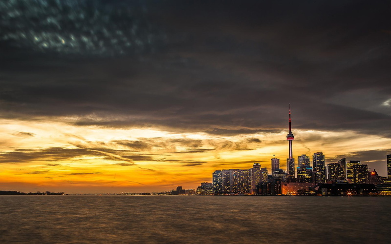 1080P, building, skyscrapers, lovely, canada, cityscape, view, sunset, highrise, clouds, photo, toronto, city lights, skyline, buildings, city, lake