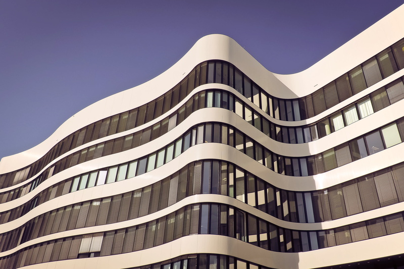 no people, office building exterior, balcony, architecture, arch, building exterior, modern building, structure, clouds, blue, abstract, built structure