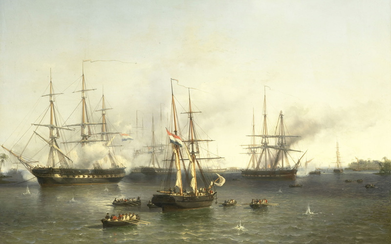 picture, Louis Meyer, oil, The Conquest Of Palembang, ship, tree, battle, 1080P
