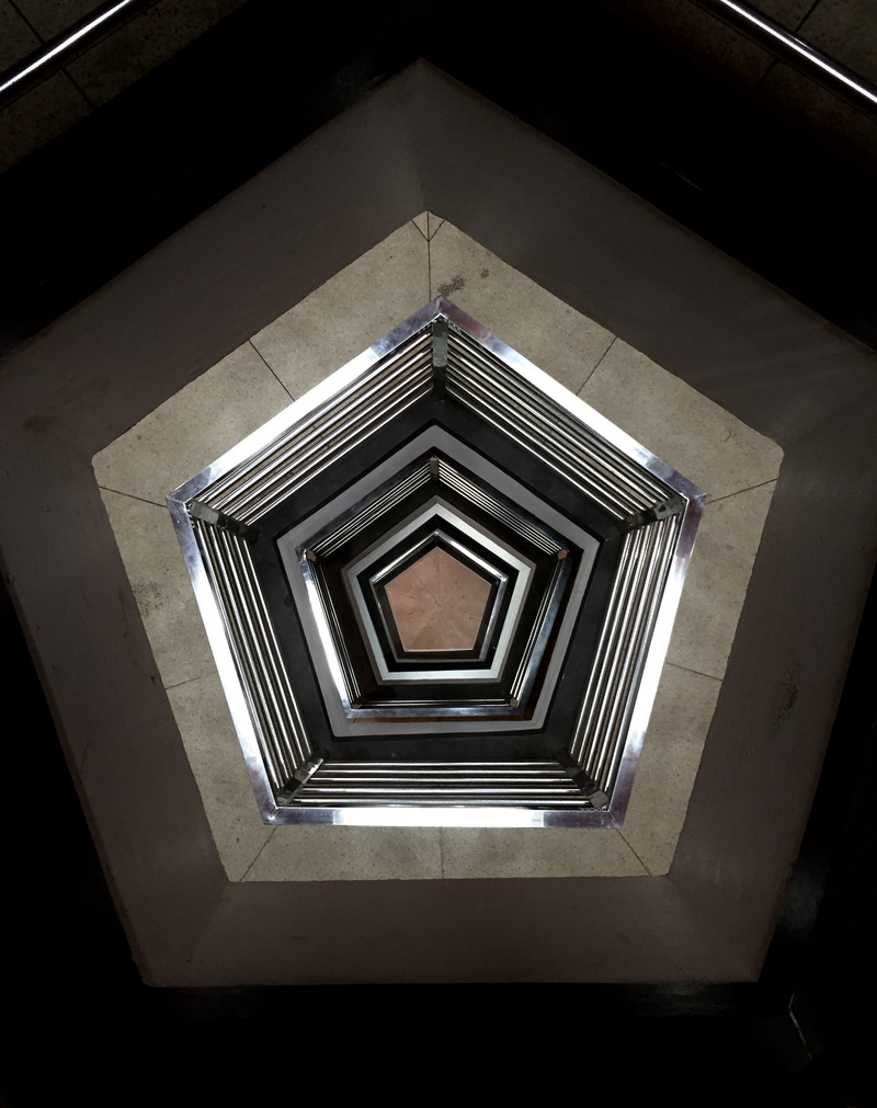 shape, monpera palembang, 2K, floors, stairs, day, building, ceiling, indoors, hexagon, staircase, spiral, repetition, low angle view, perspective, geometric shape