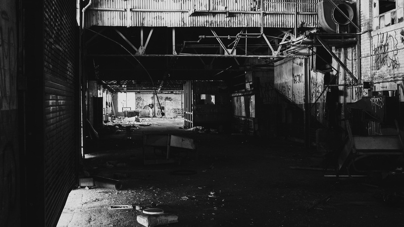 ruined, abandoned, industry, run-down, black, no people, wooden, factory, 2K, white, damaged, photography, table, old, indoors, building, architecture