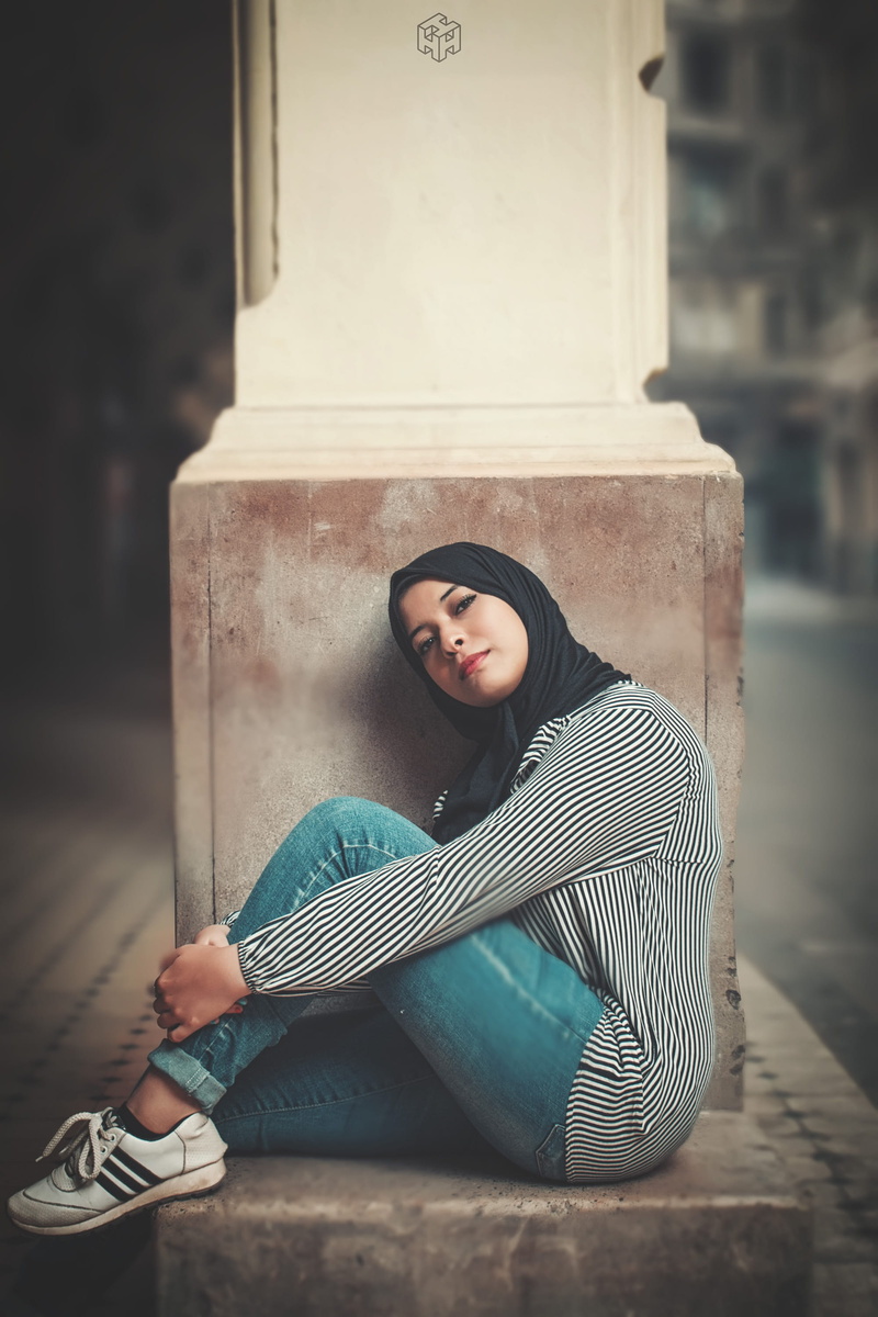 black, photo, human, girl, woman, female, day, hijab, face, sleeve, young women, concrete, apparel, real people, teen, clothing, focus on foreground, full length