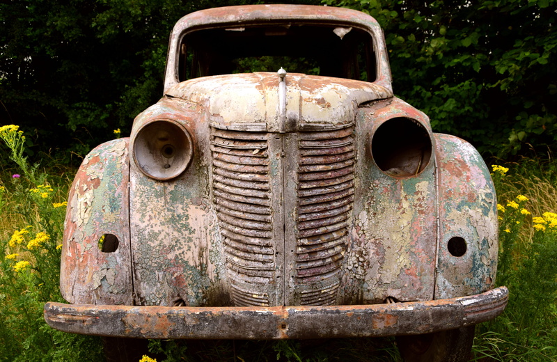 stainless, pkw, plant, passengers cars, frontal, grass, Scrap, land vehicle, Old Car, transient, land, rusted, run-down, decline, abandoned, close-up, outdoors