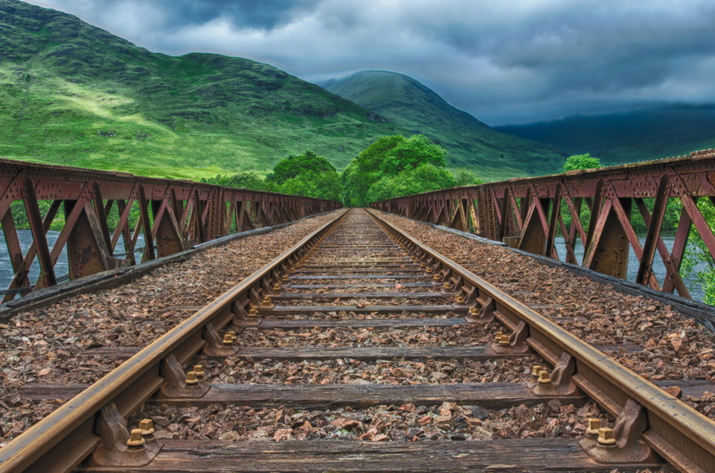 bridge - man made structure, old, atmosphere, away, green, nature, track, view, connection, diminishing perspective, railroad track, mood, rock - object