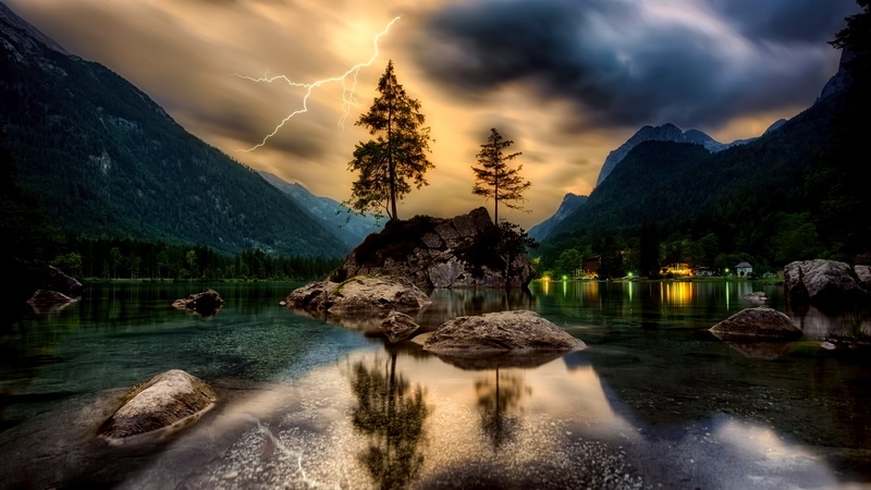 lake, outdoors, reflections, rock - object, homes, lights, rock, sunset, clouds, sky, canyon, valley, landscape, cloud - sky, tree, beauty in nature, black