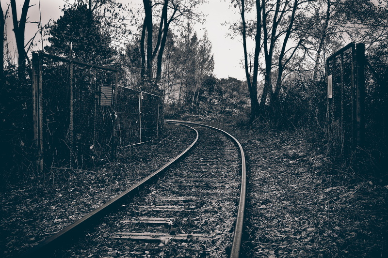 black white, threshold, train, old, grayscale, metal, weird, railway, atmosphere, transience, rail transportation, rail, railway tracks, past, industry