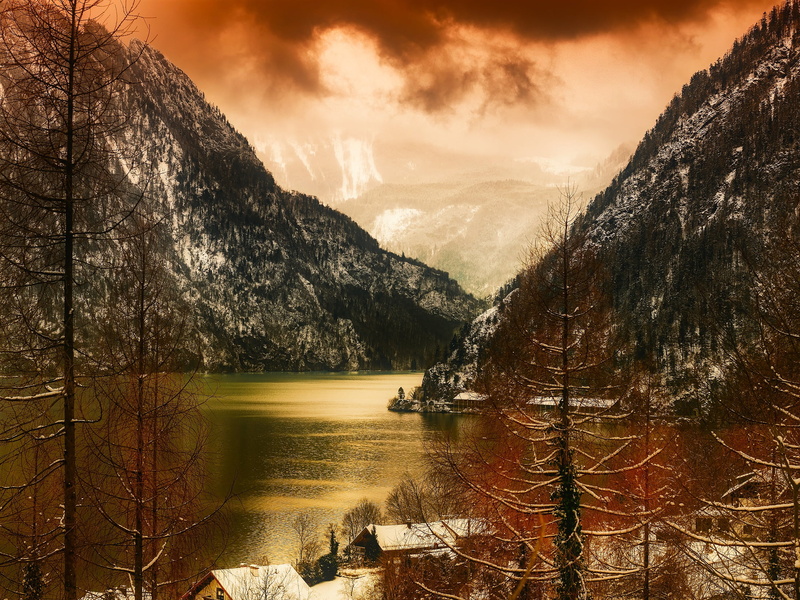 scenic, no people, sunrise, country, tree, clouds, countryside, reflection, houses, snow, scenics - nature, landscape, gorge, woods, bodies, wilderness