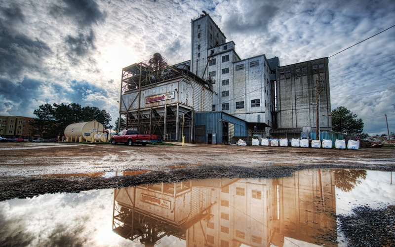 city, no people, tree, car, clouds, day, cloud - sky, transportation, gray, Truck, factories, architecture, 2K, reflection, building exterior, canal, water