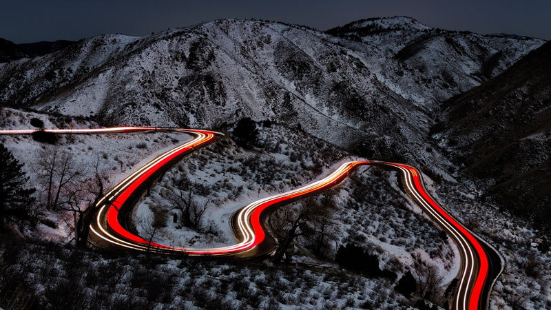 winter, light trails, mountain, highway, darkness, long-exposure photography, 1080P, road, long exposure, mountain pass, night