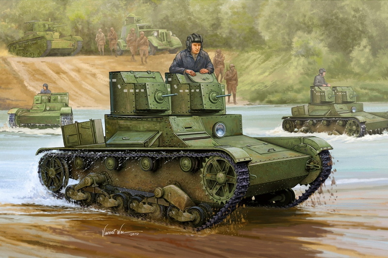 tanks, light, 1931, Red, illustration, front, 1080P, shore, machine gun, battle, two-tower, river, soldiers, art, army, T-26, sample, the plan, armor