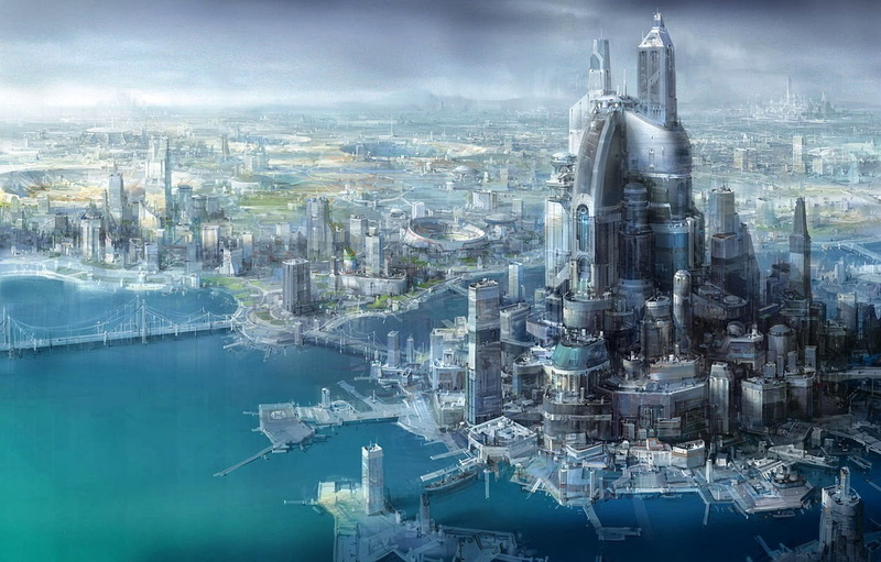 pollution, no people, painting, sky, building exterior, futuristic, outdoors, architecture, industry, futuristic city, building, factory, cityscape, modern