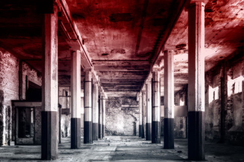 ruined, history, deterioration, symmetry, masonry, weird, ceiling, mood, empty, hall, building, underground, film, indoors, redscale, photography, dirty
