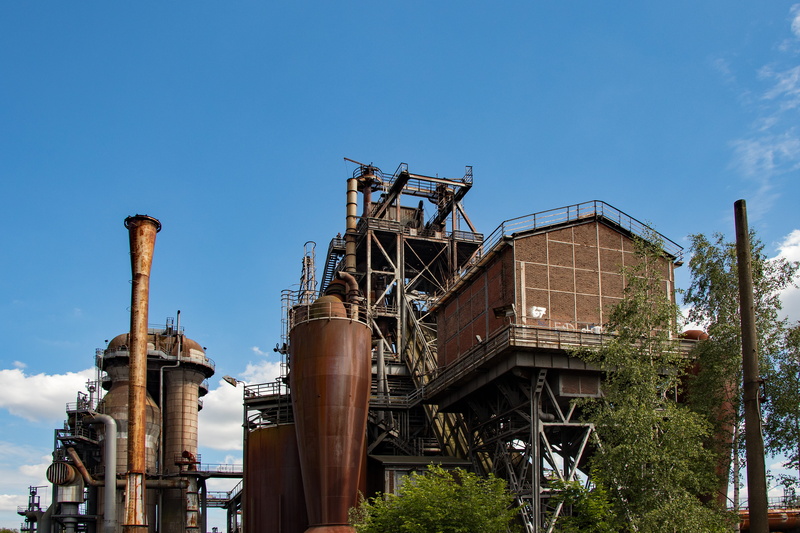 sky, steel, north landscape park, day, architecture, industrial building, 5K, landscape park, pipe - tube, decay, old, built structure, clear sky, ruined