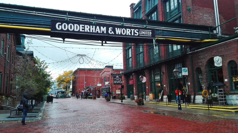 day, city Life, colors, sky, nature, western script, text, red, buildings, people, former, road, distillery district, public transportation, store, outdoors